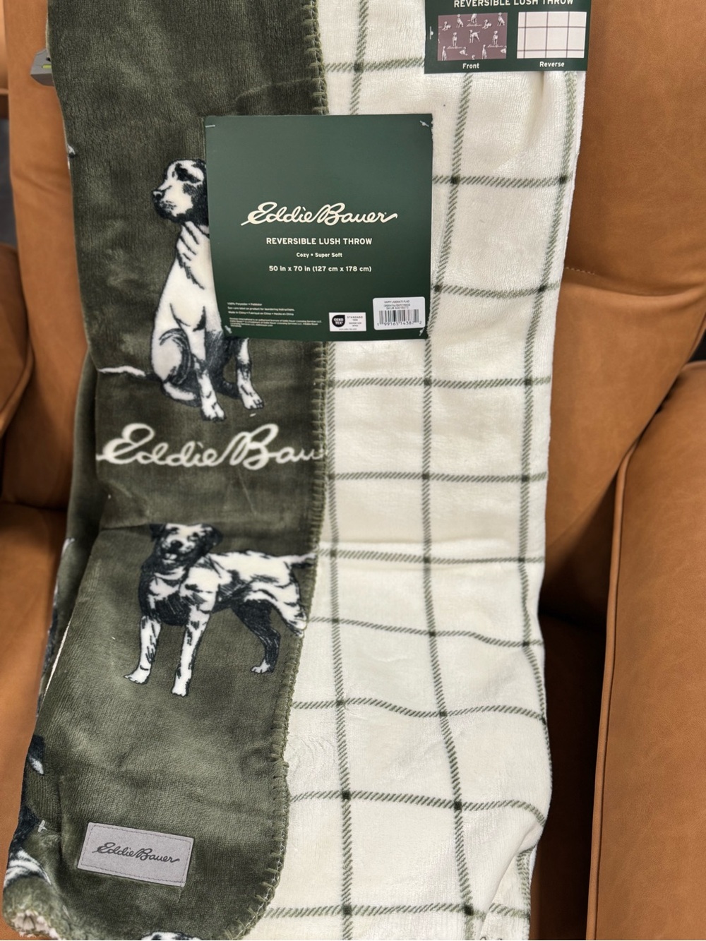 Eddie Bauer Reversible Plush Throw in Olive & Cream Plaid with Dog Motif